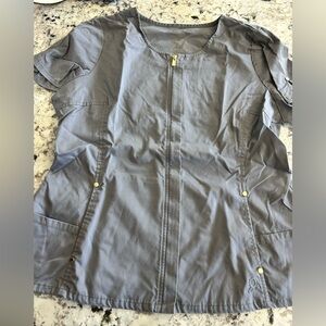 Jaanuu Gray Zip-Front Short Sleeve Scrub Top